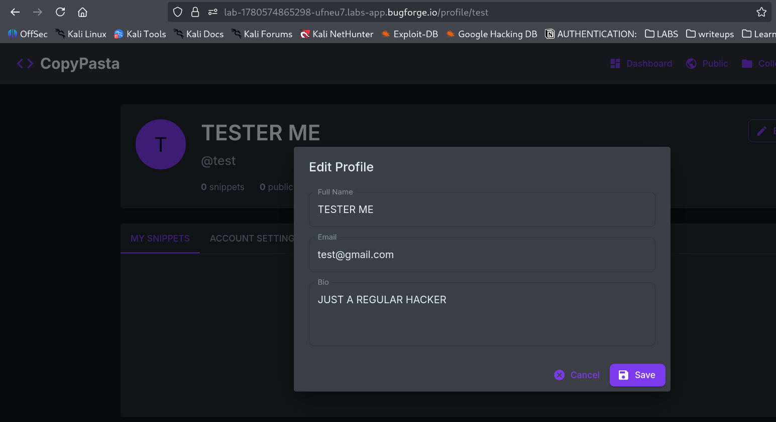 Editing profile page
